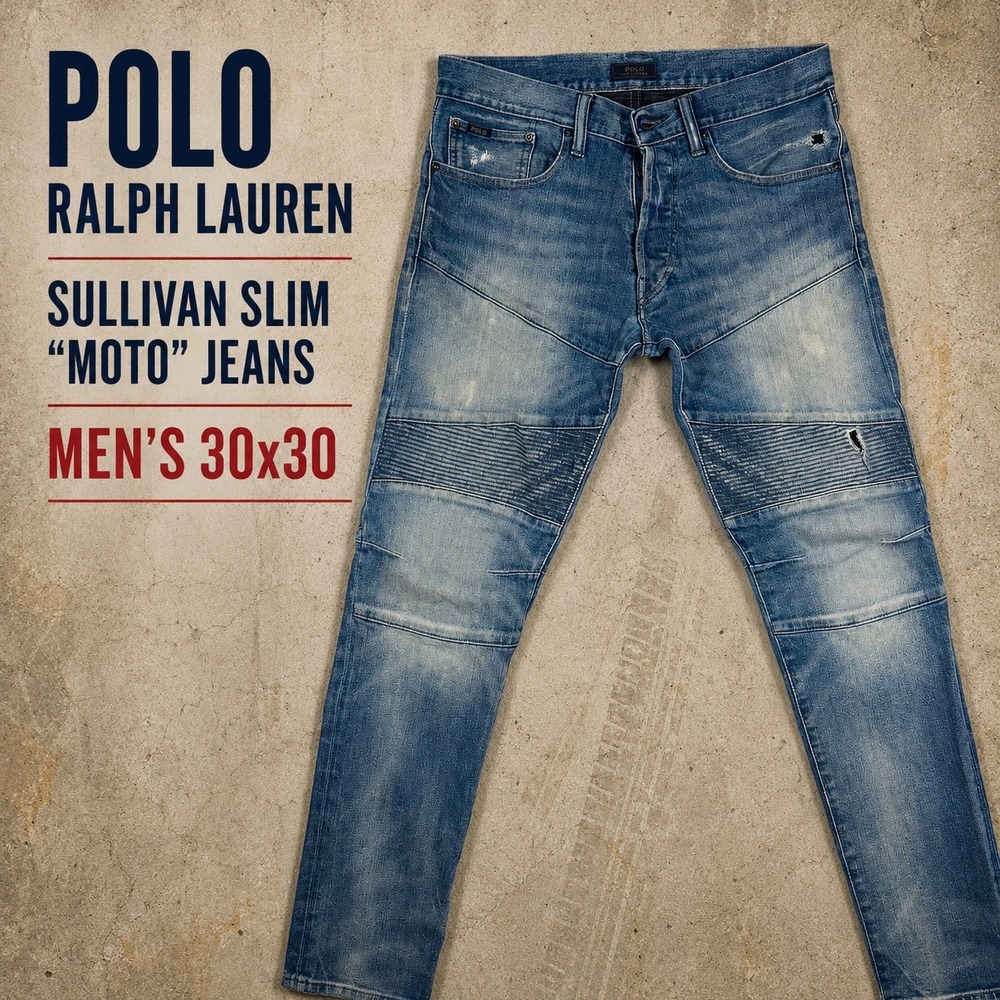 Polo Ralph Lauren Sullivan Slim Moto Jeans Mens 30x30 Blue Distressed Biker Pant